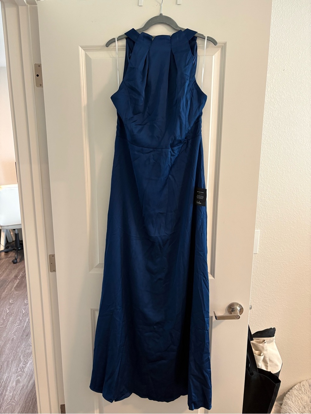 Lulus Regal Loveliness Blue Satin Pleated Mock Neck Maxi Dress - Size L - Picture 2 of 4